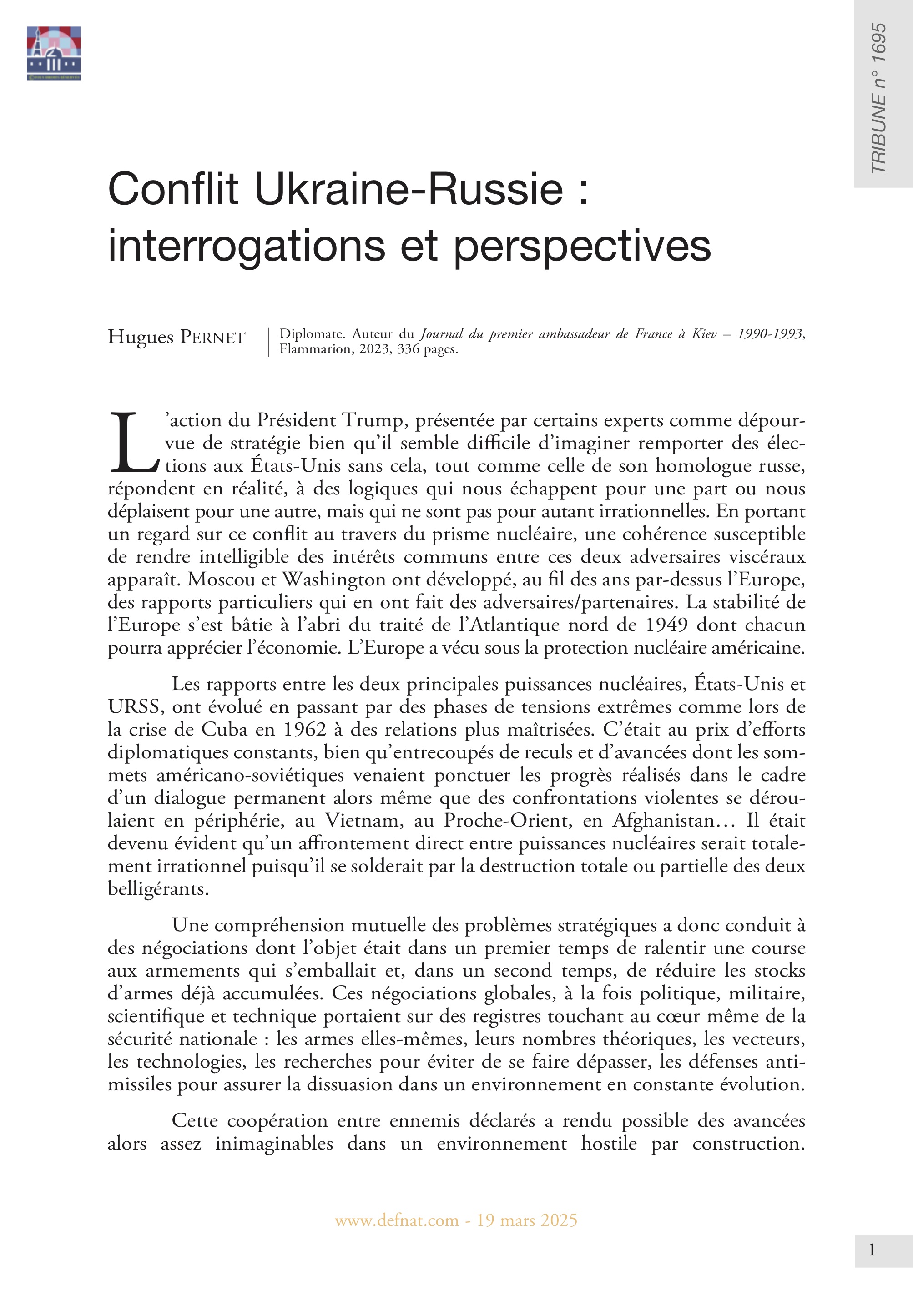 Conflit Ukraine-Russie : interrogations et perspectives (T 1695)
